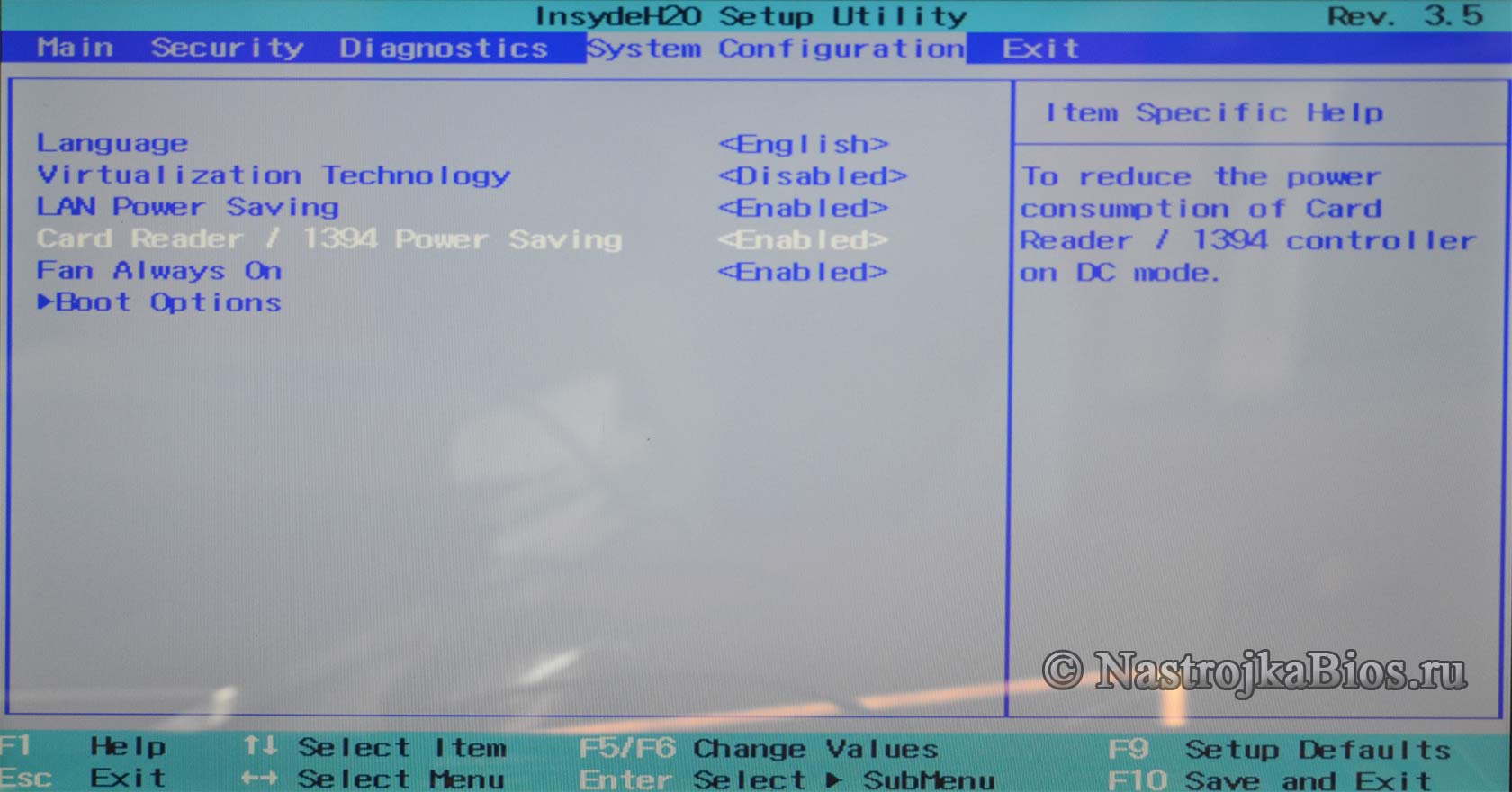 Опция BIOS  Card Reader / 1394 Power Saving